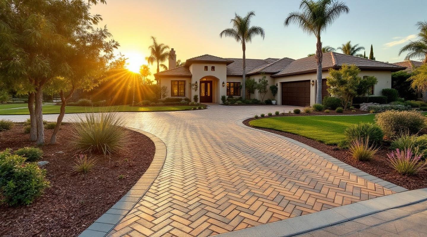 Interlocking paver driveway with herringbone pattern at an upscale San Diego home at golden hour