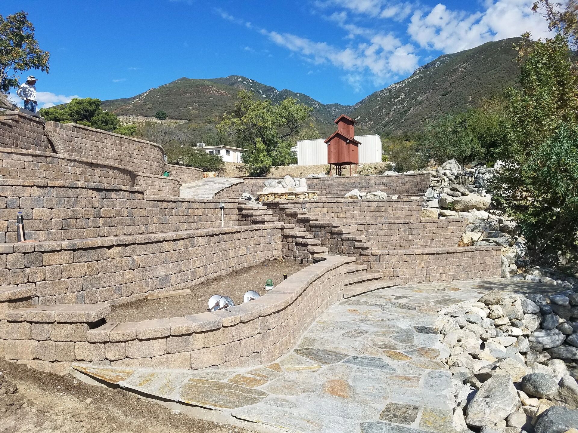 Massive terraced retaining walls on hillside